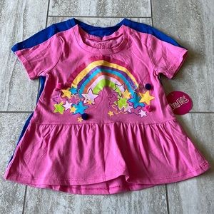 2 pc dress plain blue and pink with rainbow and stars,sheered hem,for girls 5/6